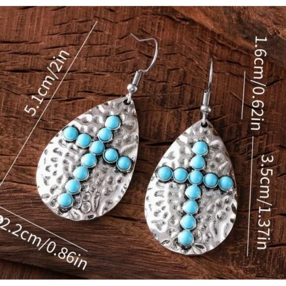 Handcrafted‎ Silver Teardrop Cross Earrings With Turquoise Accents NEW - Picture 3 of 3